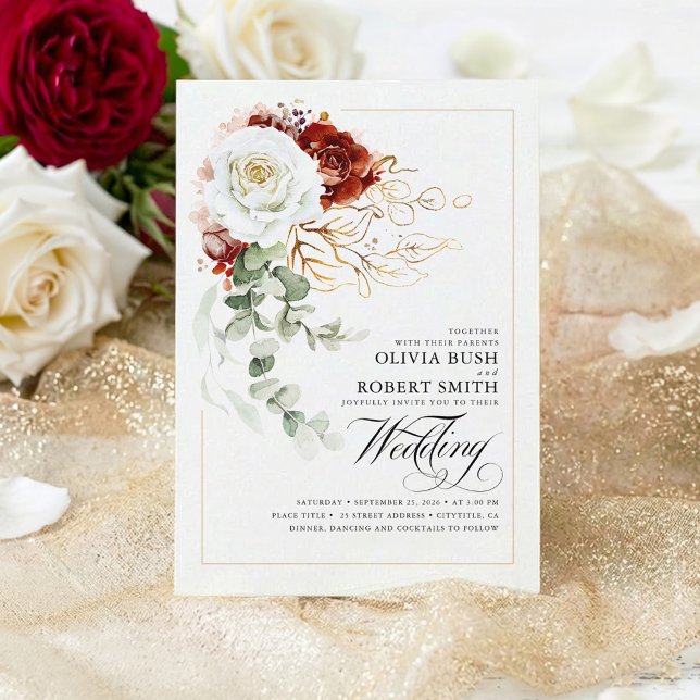 Burgundy Red and White Flowers Elegant bröllop Inbjudningar (Burgundy Red and White Botanical Flowers Chic Wedding Invitation)