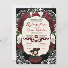 Burgundy Red Black Blommigt Elegant Charro Quince Inbjudningar