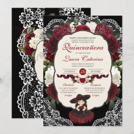 Burgundy Red Black Blommigt Elegant Charro Quince Inbjudningar