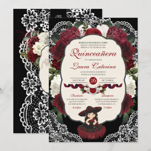 Burgundy Red Black Blommigt Elegant Charro Quince Inbjudningar