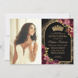 Burgundy Red Black Guld Blommigt Photo Quinceanera Inbjudningar