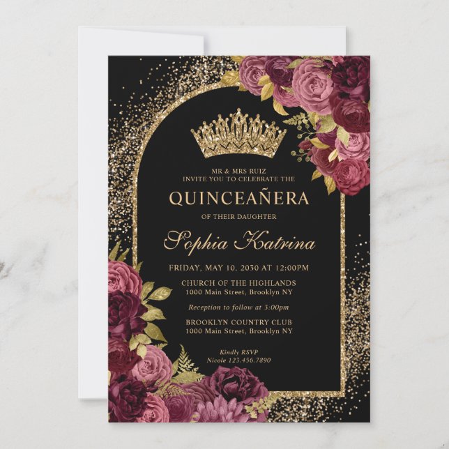 Burgundy Red Black Guld Blommigt Photo Quinceanera Inbjudningar (Framsida)