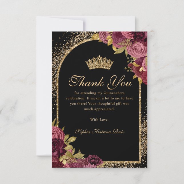 Burgundy Red Black Guld Glitter Blommigt Quinceane Tack Kort (Framsida)