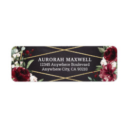 Burgundy Red Black och Guld Blommigt Elegant Adres Returadress Etikett