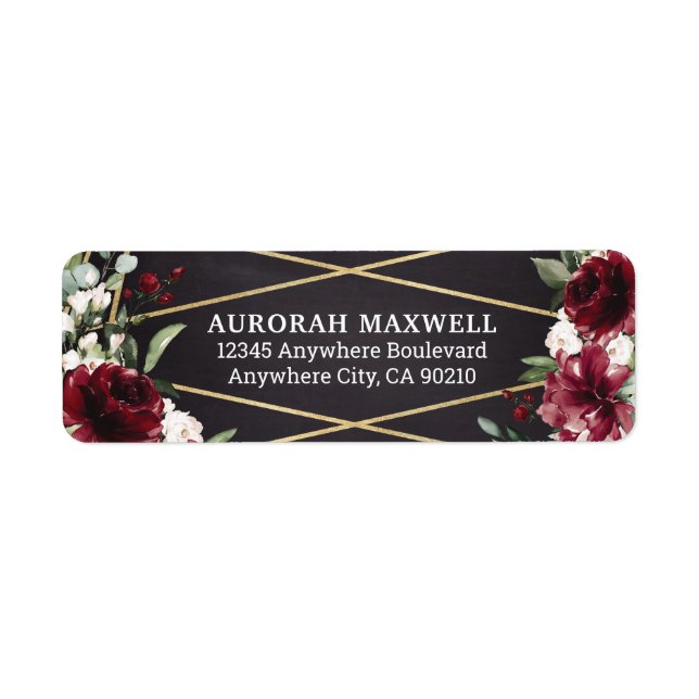 Burgundy Red Black och Guld Blommigt Elegant Adres Returadress Etikett (Framsidan)