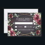 Burgundy Red Black och Guld Blommigt Elegant bröll OSA Kort<br><div class="desc">Utformningen har en svart rityta som är tryckt struktur för bakgrunden med ett utskrivet geometriskt ram för guld färgad som är täckt av en unik grön elegant som består av eukalyptus och andra löv/gren inslag. Utformningen har också burgundblommor från röd ros och peonblommor och annan blommigt för rosa inslag för...</div>