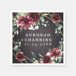 Burgundy Red Black och Guld Blommigt Elegant bröll Pappersservett