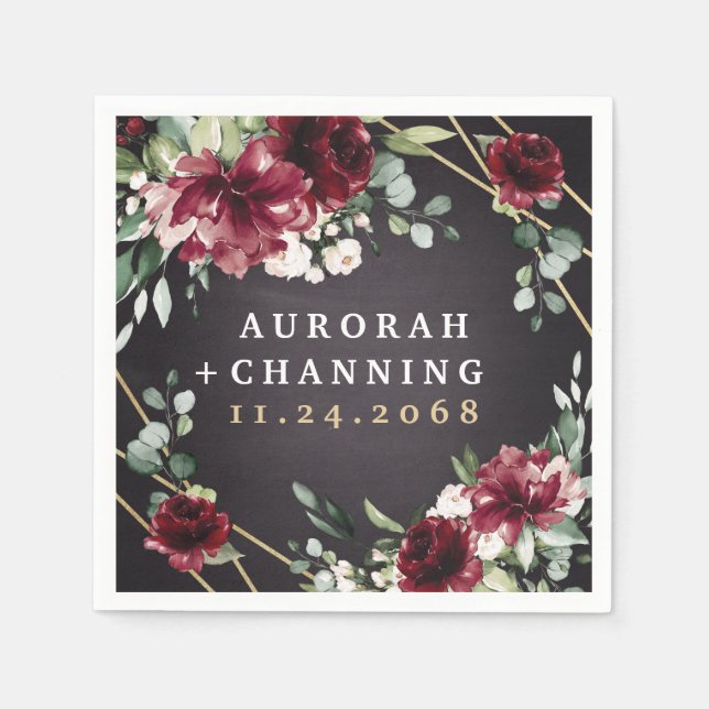 Burgundy Red Black och Guld Blommigt Elegant bröll Pappersservett (Framsidan)