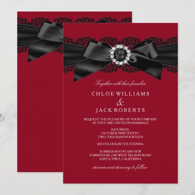 Burgundy Red & Black Pearl Bow Wedding bjudande in Inbjudningar (Fram/baksida)