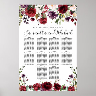 Burgundy Red Blommigt 10-Bord Bröllop sätesdiagram Poster