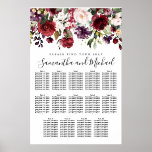 Burgundy Red Blommigt 14-Bord Bröllop sätskarvar Poster