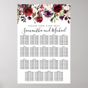Burgundy Red Blommigt 19-Bord Bröllop sätesdiagram Poster