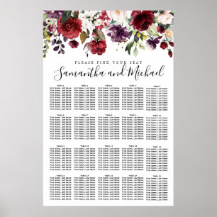 Burgundy Red Blommigt 20-Bord Bröllop sätesdiagram Poster