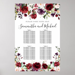 Burgundy Red Blommigt 4-Bord Bröllop sätesdiagram Poster