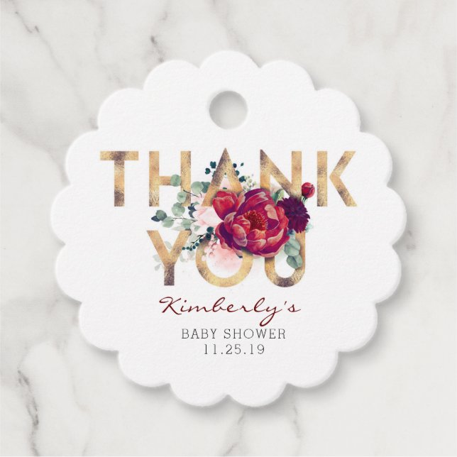 Burgundy Red Blommigt Baby Shower Tack Gåvor Etiketter (Framsida)