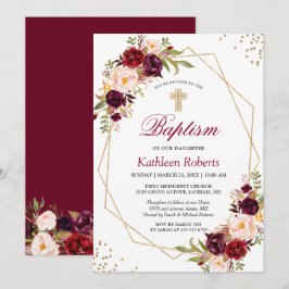  Burgundy Red Blommigt Baptism Christening Inbjudningar