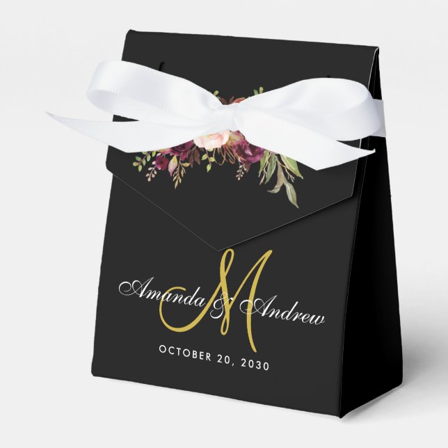 Burgundy Red Blommigt Black Guld Monogram Bröllop Presentaskar (Framsidan Sidan)