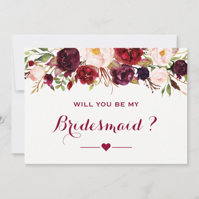 Burgundy Red Blommigt blir du min bridesmaid Inbjudningar (Framsida)