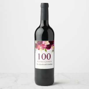 Burgundy Red Blommigt Boho 100:e Födelsedagsfesten Vinflaska Etikett