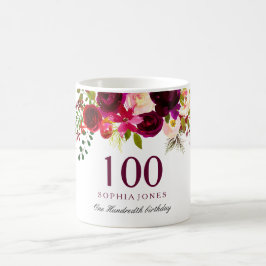 Burgundy Red Blommigt Boho 100th Birthday Gift Kaffemugg