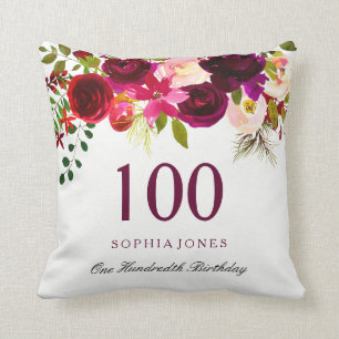 Burgundy Red Blommigt Boho 100th Birthday Gift Kudde