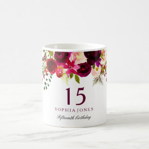 Burgundy Red Blommigt Boho 15:e födelsedagsgåvan Kaffemugg