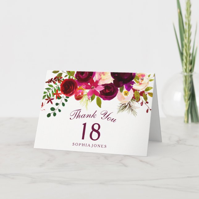 Burgundy Red Blommigt Boho 18:e födelsedagen Tack Kort (Framsida)