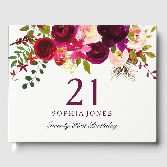 Burgundy Red Blommigt Boho 21:a födelsedagen Party Gästböcker (Framsida)