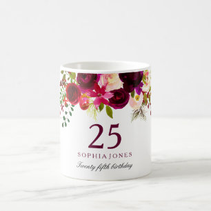 Burgundy Red Blommigt Boho 25:e födelsedagsgåvan Kaffemugg
