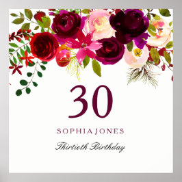 Burgundy Red Blommigt Boho 30års födelsedag Party Poster
