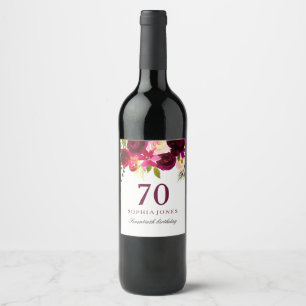 Burgundy Red Blommigt Boho 70:e Födelsedagsfesten Vinflaska Etikett