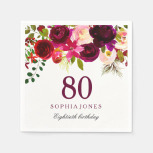 Burgundy Red Blommigt Boho 80:e Födelsedagsfesten Pappersservett