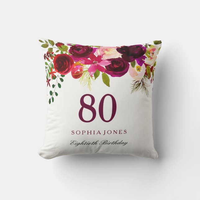 Burgundy Red Blommigt Boho 80th Birthday Gift Kudde (Framsida)