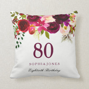 Burgundy Red Blommigt Boho 80th Birthday Gift Kudde