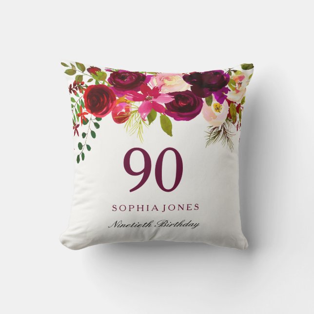 Burgundy Red Blommigt Boho 90:e Birthday Gift Kudde (Framsida)