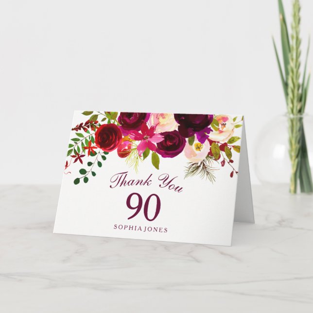 Burgundy Red Blommigt Boho 90:e Birthday Tack Kort (Framsida)