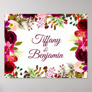 Burgundy Red Blommigt Boho Bröllop Förlovningsfest Poster