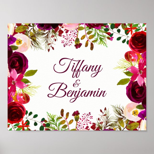 Burgundy Red Blommigt Boho Bröllop Förlovningsfest Poster (Framsidan)