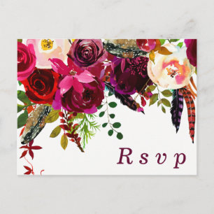 Burgundy Red Blommigt Boho Bröllop OSA vykort