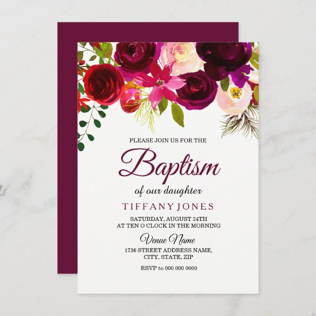 Burgundy Red Blommigt Boho Flicka Baptism Inbjudan (Fram/baksida)