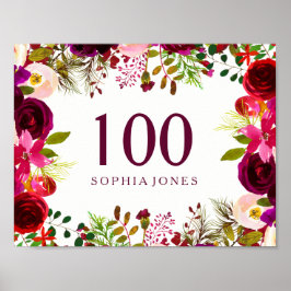 Burgundy Red Blommigt Boho signerar 100:e Födelsed Poster