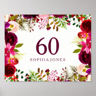 Burgundy Red Blommigt Boho signerar 60:e Födelseda Poster