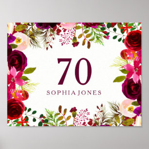 Burgundy Red Blommigt Boho signerar 70:e Födelseda Poster