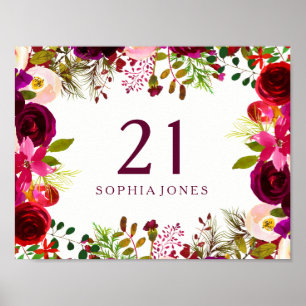 Burgundy Red Blommigt Boho undertecknar 21:a födel Poster
