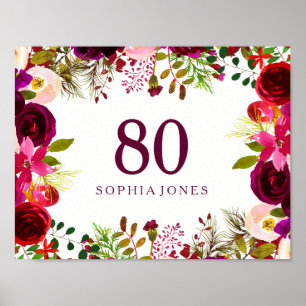 Burgundy Red Blommigt Boho undertecknar 80:e Födel Poster