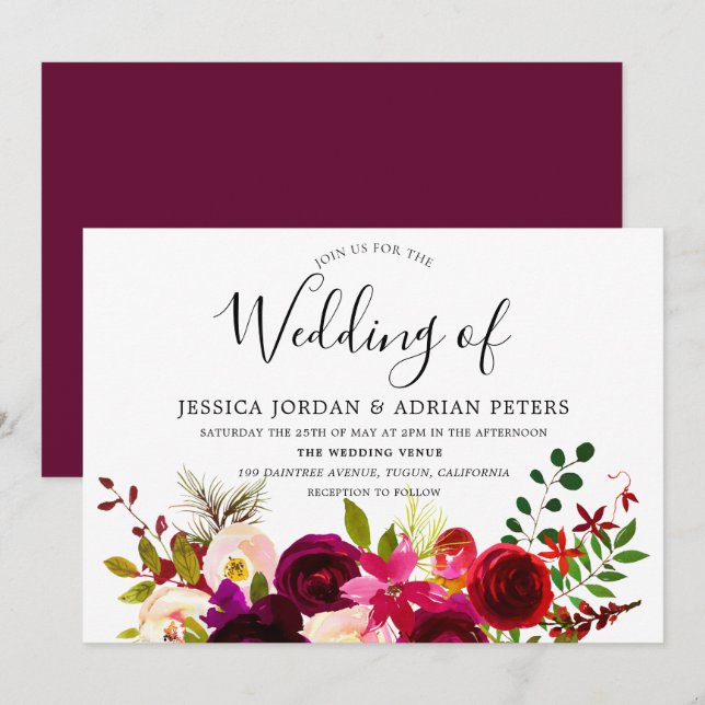 Burgundy Red Blommigt Boho Wedding bjudande Inbjudningar (Fram/baksida)