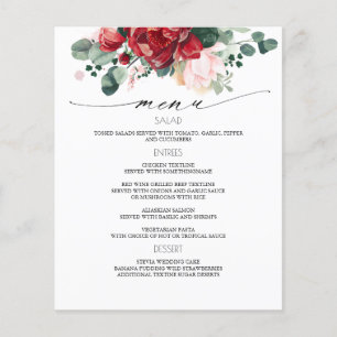 Burgundy Red Blommigt Bröllop Menu Flygblad