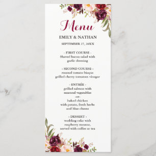 Burgundy Red Blommigt Bröllop Menu Meny