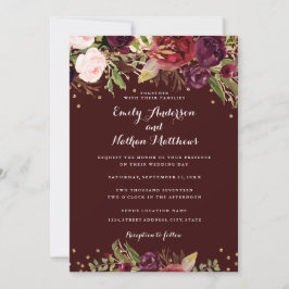 Burgundy Red Blommigt Confetti bröllopsinbjudan Inbjudningar