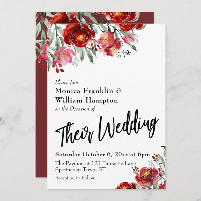 Burgundy Red Blommigt deras Bröllop-typografi Inbjudningar (Fram/baksida)